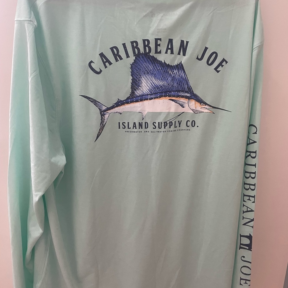 Caribbean Joe Poly Aqua Fish Graphic Long Sleeve Shirt XL Mens